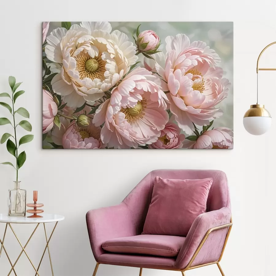 wall murals Several large, lush peony flowers with delicate petals in shades of pink and white s41729
