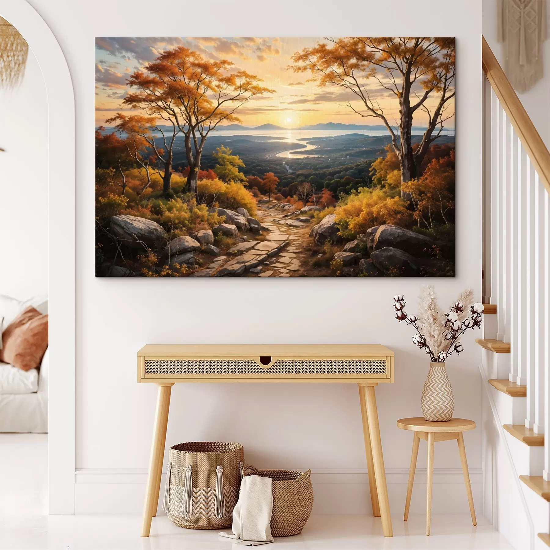 murales Paisaje con un sinuoso camino de tierra que atraviesa un bosque de árboles de colores otoñales y un cielo al atardecer s41732