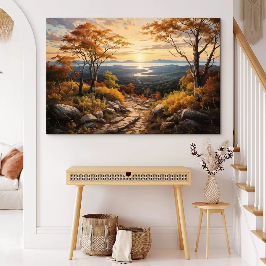 murales Paisaje con un sinuoso camino de tierra que atraviesa un bosque de árboles de colores otoñales y un cielo al atardecer s41732