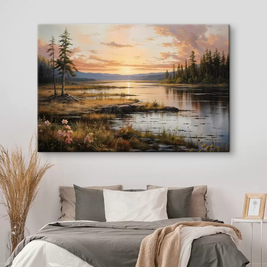 wall murals A serene landscape with a lake surrounded by pine trees, reflecting the warm colors of the sunset sky s41733