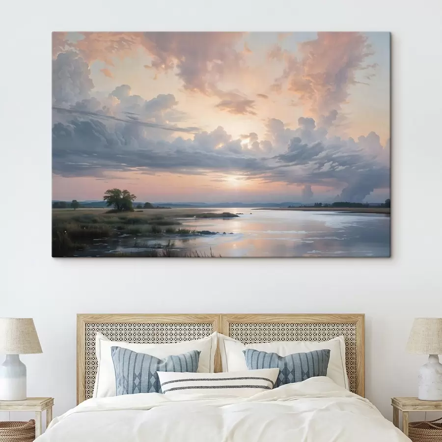 wall murals A serene pastel-colored landscape with a calm lake reflecting the colorful sky at sunset s41734