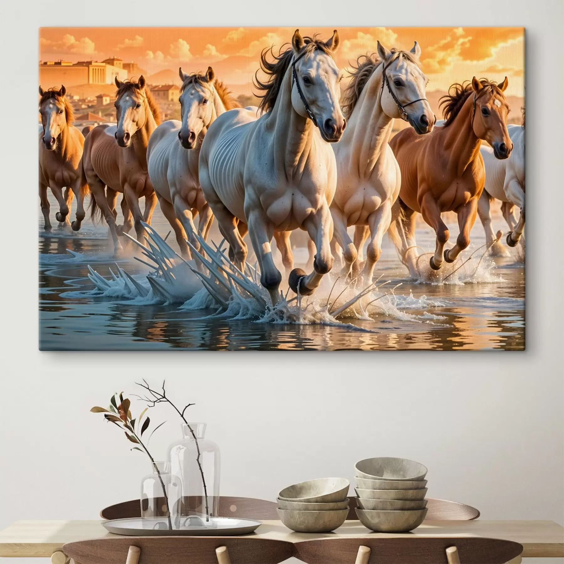 murales Una manada de caballos blancos corriendo por aguas poco profundas, con un cielo anaranjado de fondo s41740