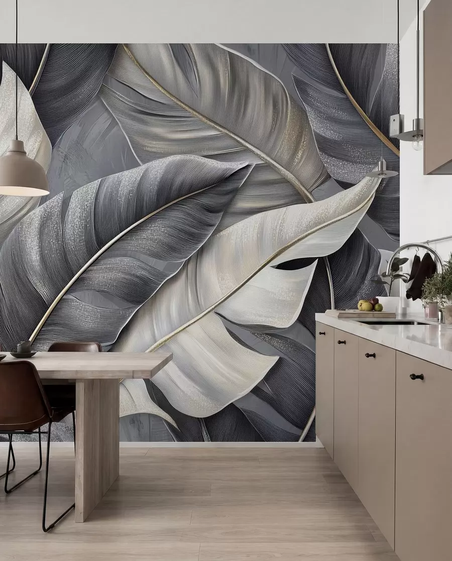 peintures murales papier peint luxueux avec de grandes feuilles tropicales w02342