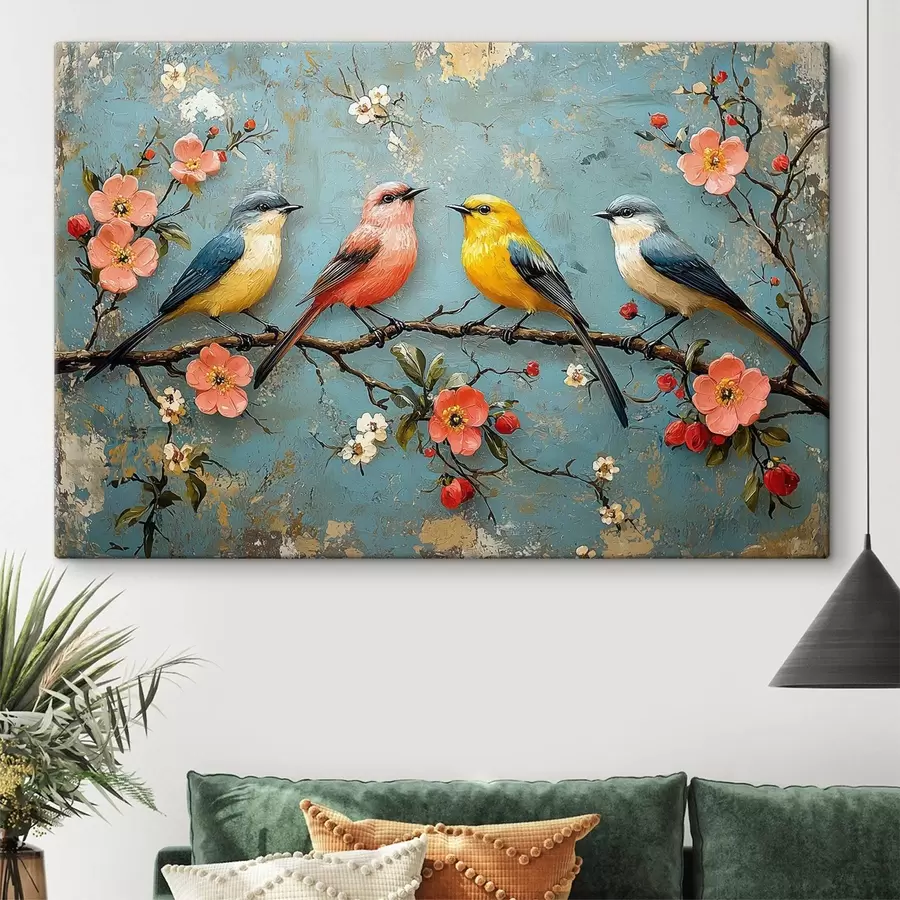 wall murals Birds on a branch of sakura in the style of oil painting s41834