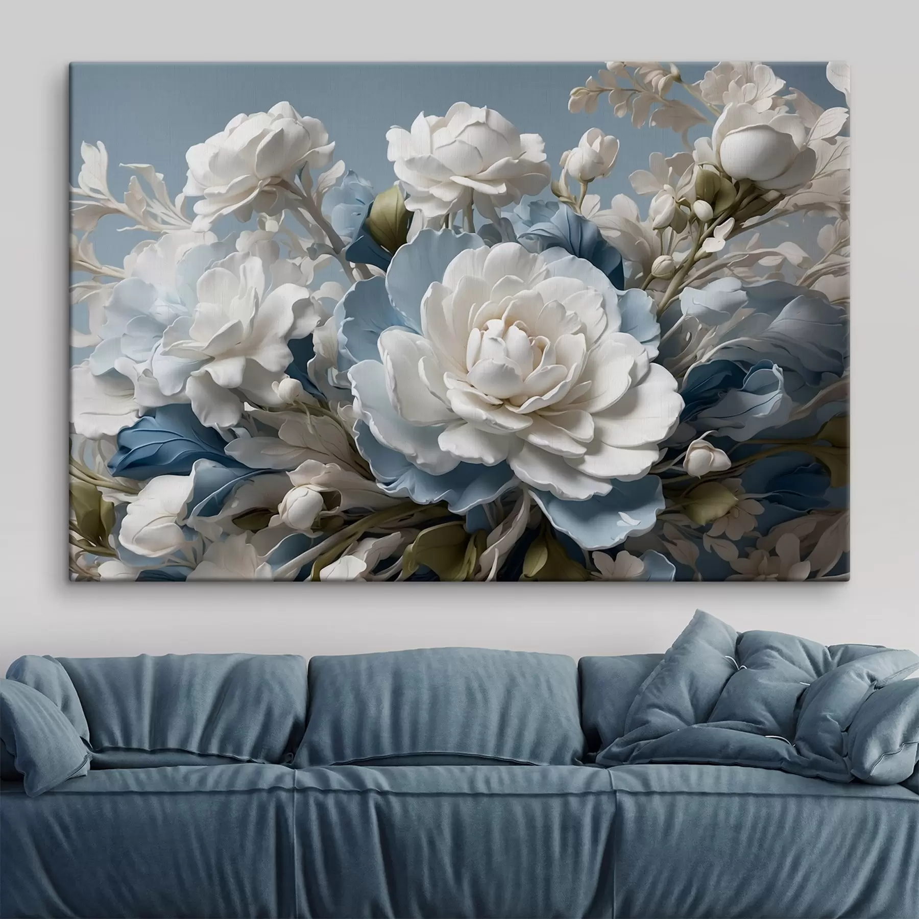 murales Flores y hojas blancas sobre fondo azul s41527
