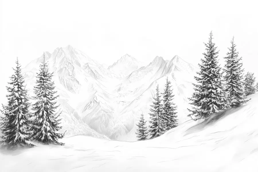 Wall Mural Photo Wallpaper Snowy mountains, pencil style drawing, minimalism, forest, nature w02351