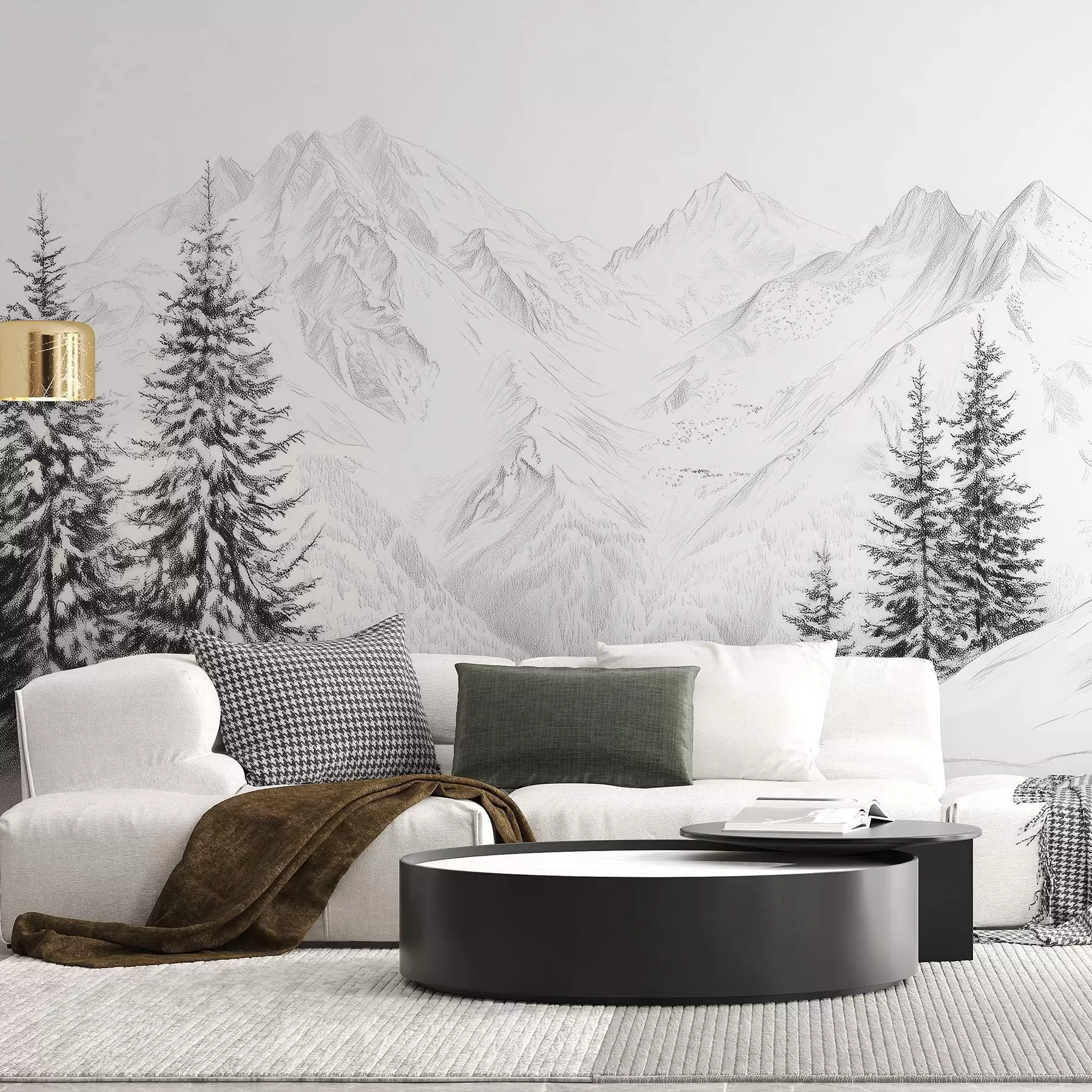 Wall Mural Photo Wallpaper Snowy mountains, pencil style drawing, minimalism, forest, nature w02351