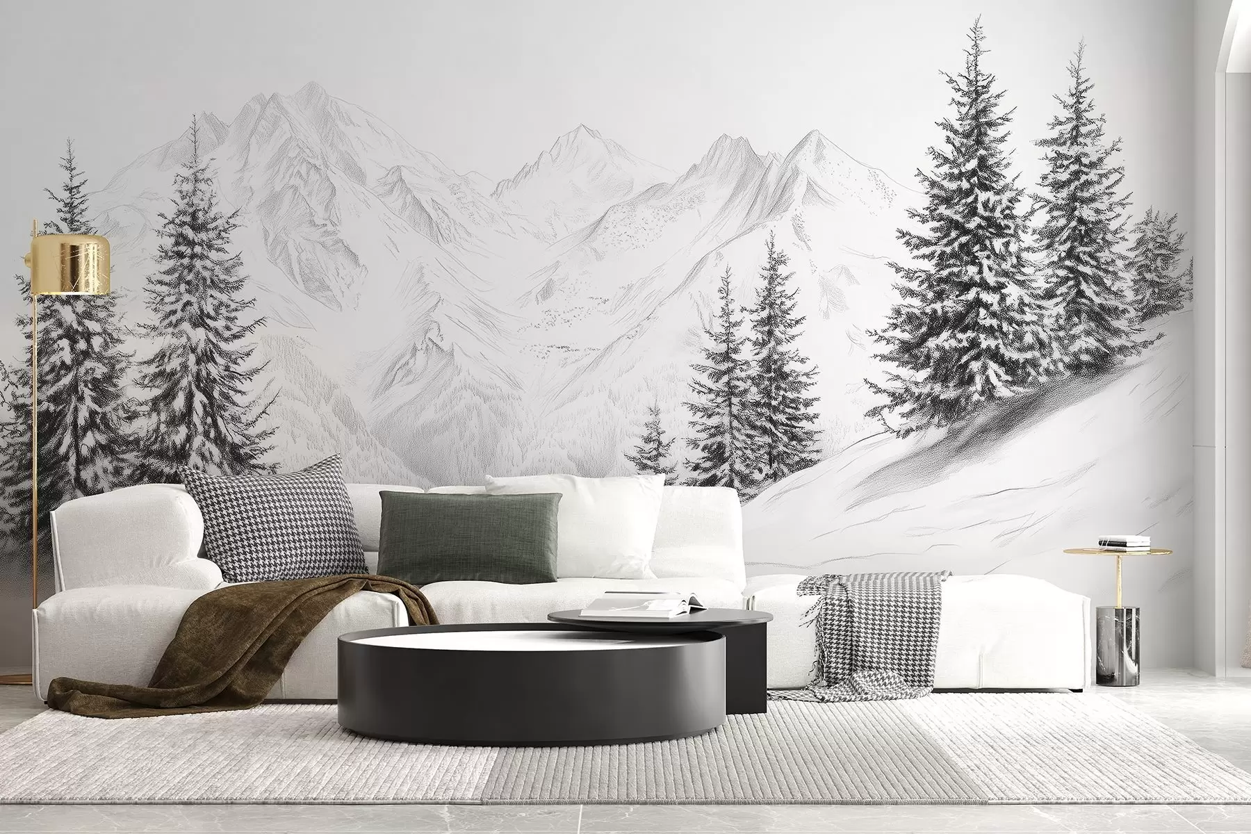 murales Montañas nevadas, dibujo a lápiz, minimalismo, bosque, naturaleza w02351