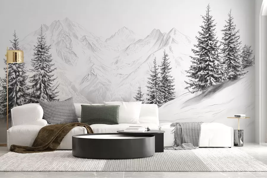 Wall Mural Photo Wallpaper Snowy mountains, pencil style drawing, minimalism, forest, nature w02351