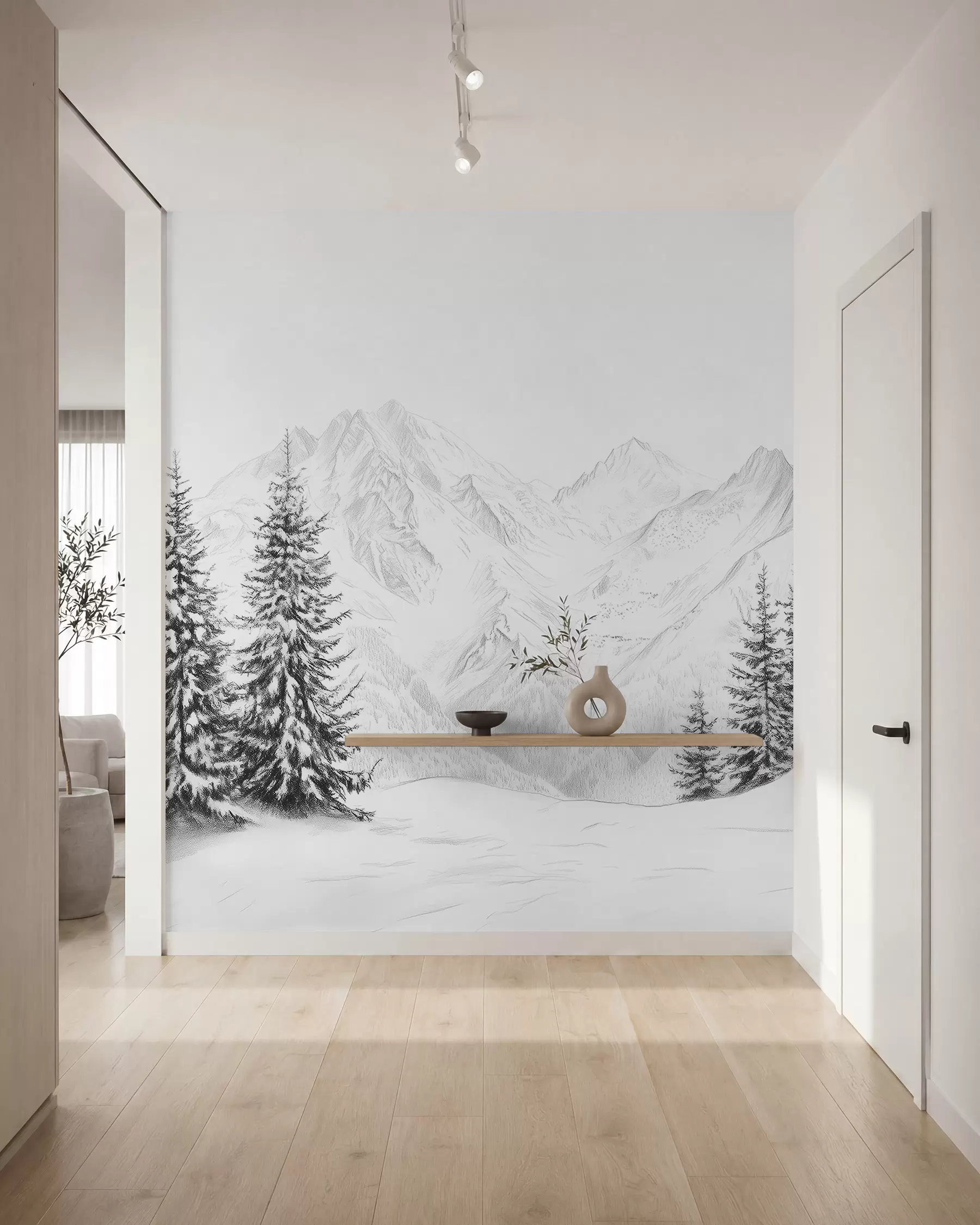 peintures murales Montagnes enneigées, dessin au crayon, minimalisme, forêt, nature w02351