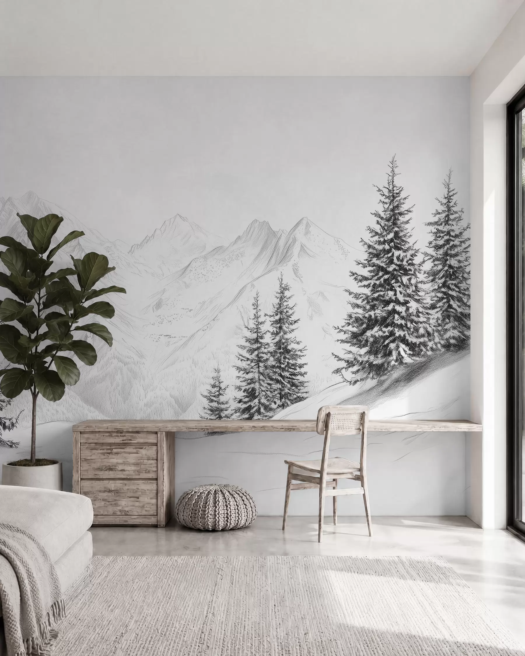 peintures murales Montagnes enneigées, dessin au crayon, minimalisme, forêt, nature w02351