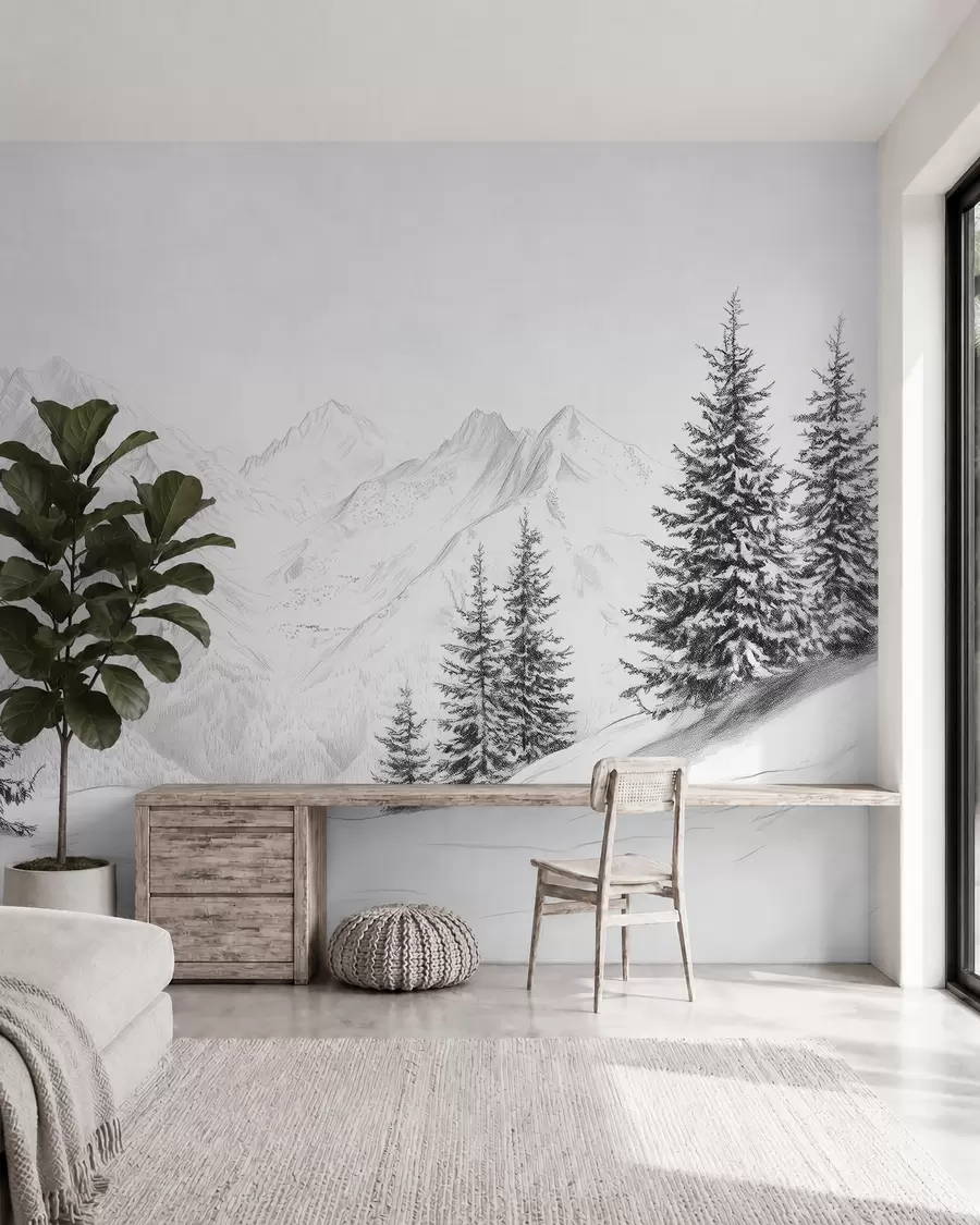 peintures murales Montagnes enneigées, dessin au crayon, minimalisme, forêt, nature w02351