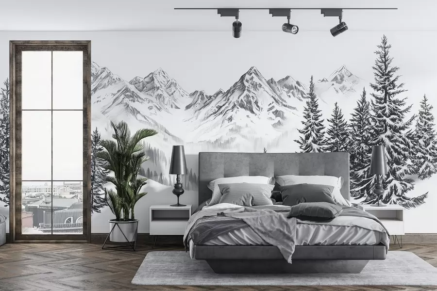 Wall Mural Photo Wallpaper Alpine mountains in the snow, pencil style, minimalism w02352