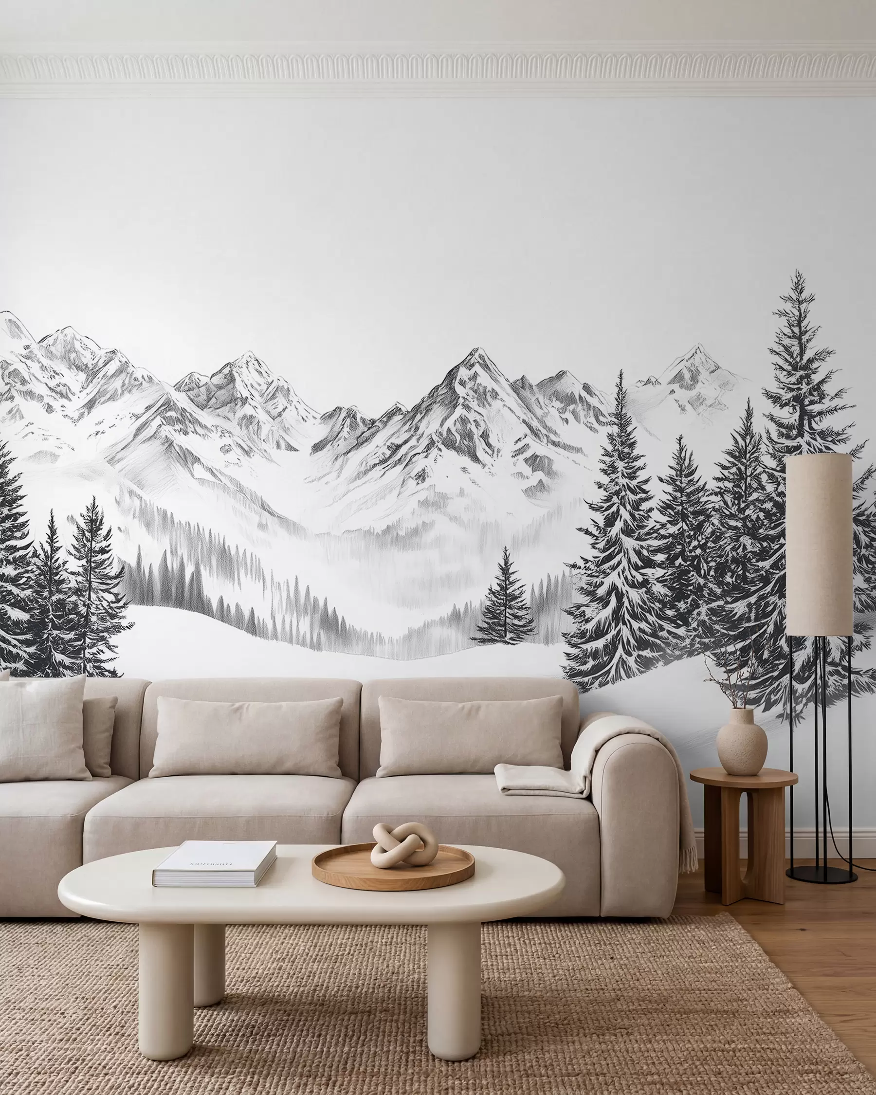 wall murals Alpine mountains in the snow, pencil style, minimalism w02352