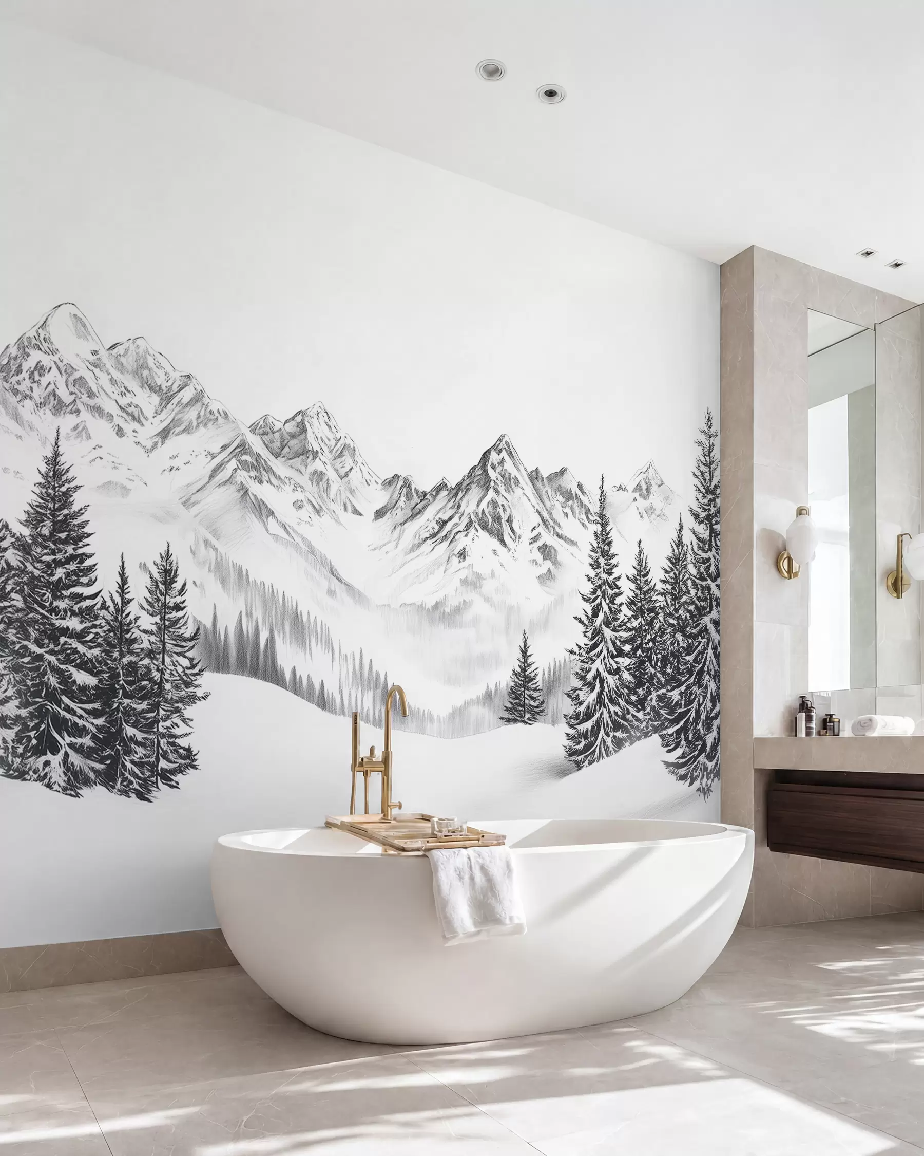 wall murals Alpine mountains in the snow, pencil style, minimalism w02352