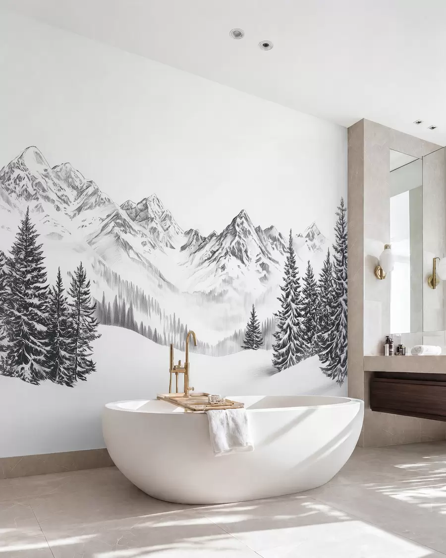 wall murals Alpine mountains in the snow, pencil style, minimalism w02352