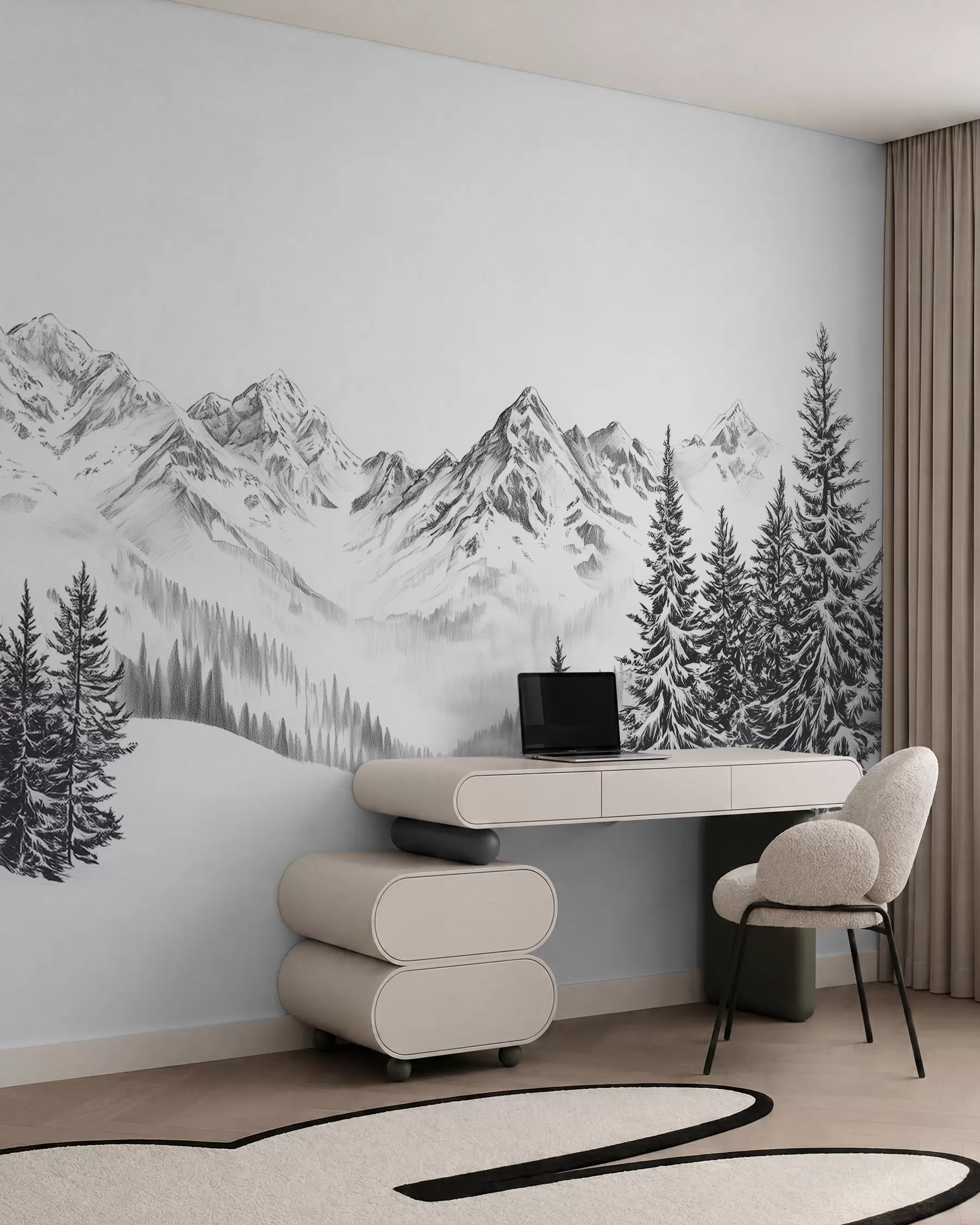 peintures murales Montagnes alpines dans la neige, style crayon, minimalisme w02352