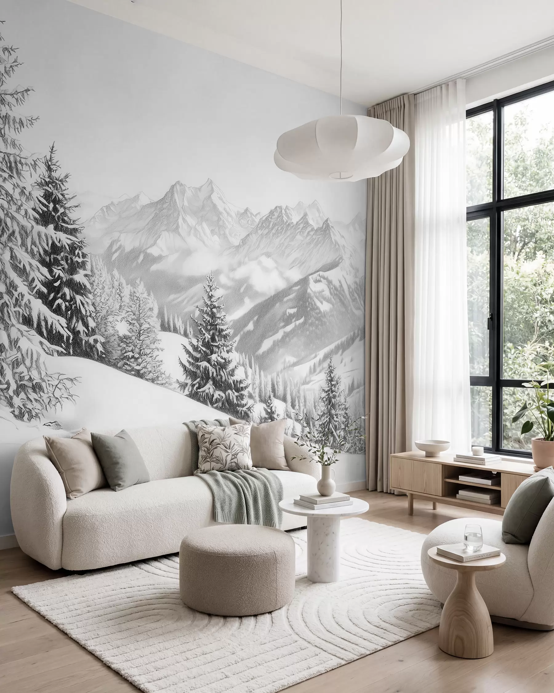 wall murals Winter in the mountains, forest, Alps, pencil style drawing, nature landscapes w02353