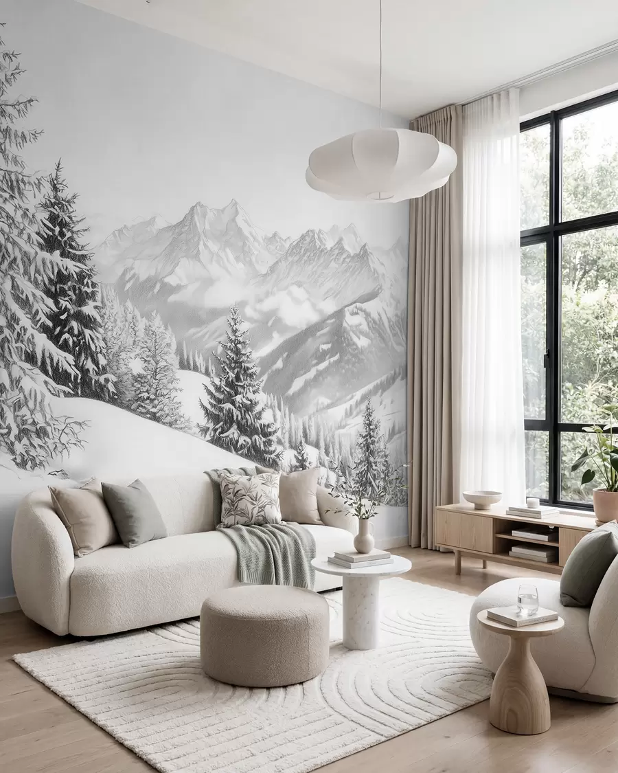 Wall Mural Photo Wallpaper Winter in the mountains, forest, Alps, pencil style drawing, nature landscapes w02353
