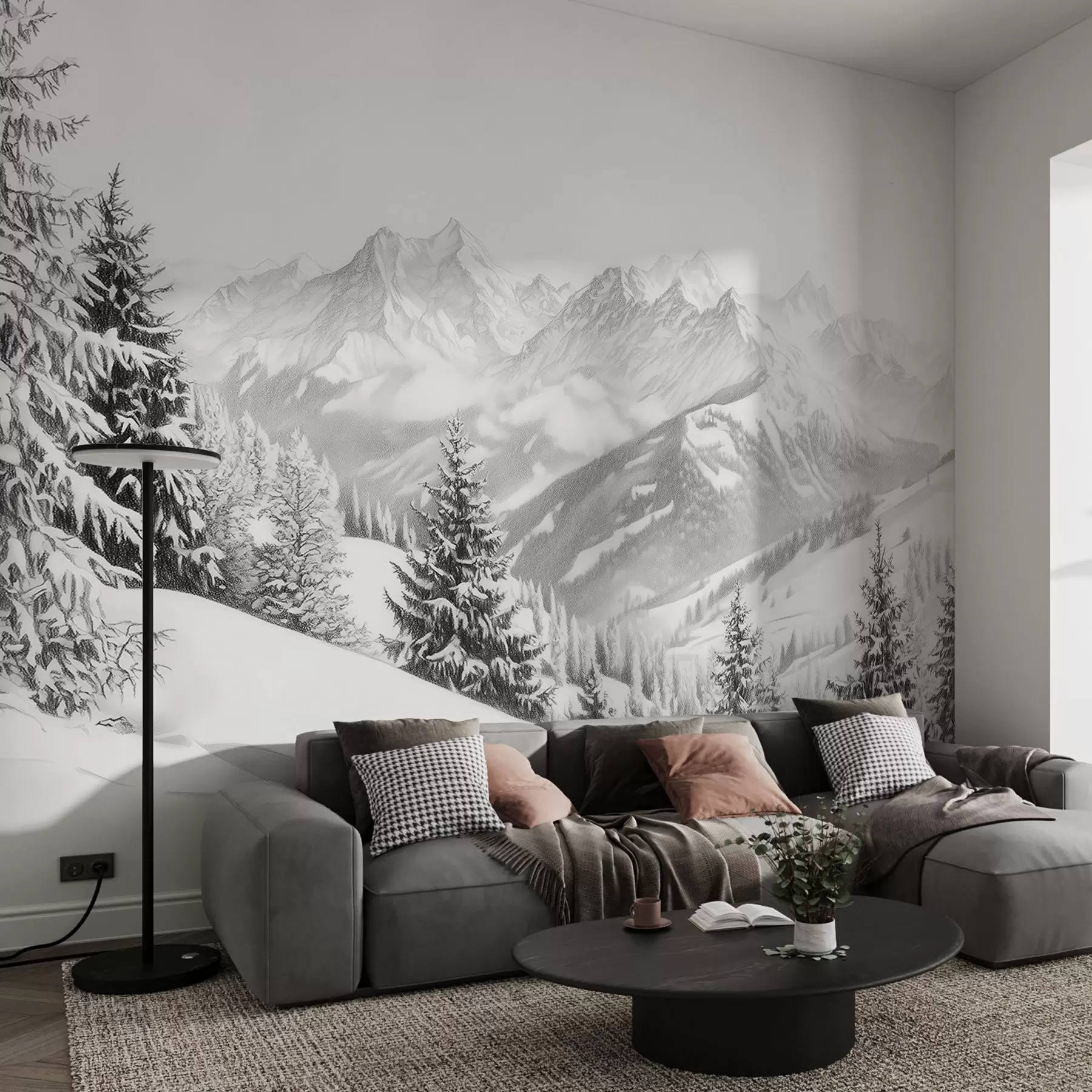wall murals Winter in the mountains, forest, Alps, pencil style drawing, nature landscapes w02353