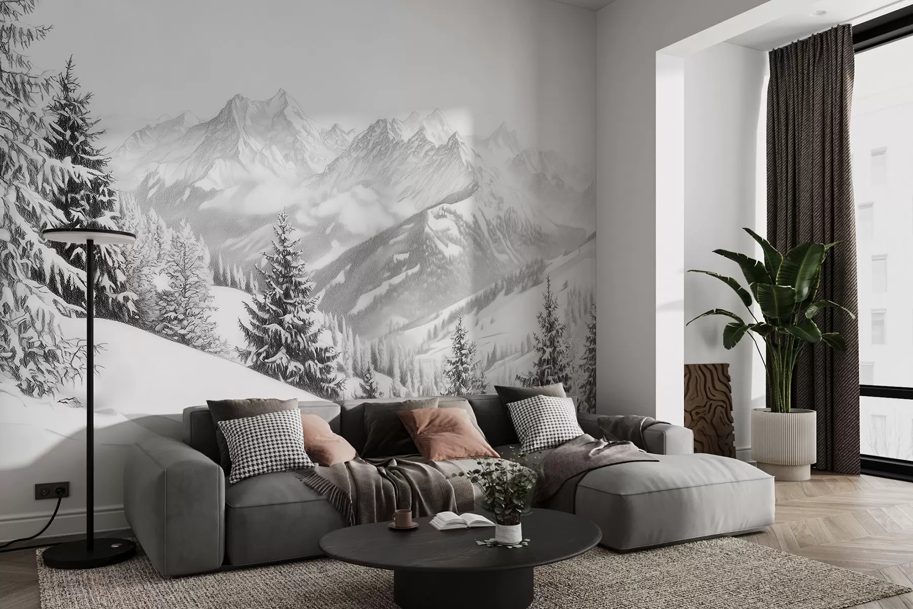 Wall Mural Photo Wallpaper Winter in the mountains, forest, Alps, pencil style drawing, nature landscapes w02353