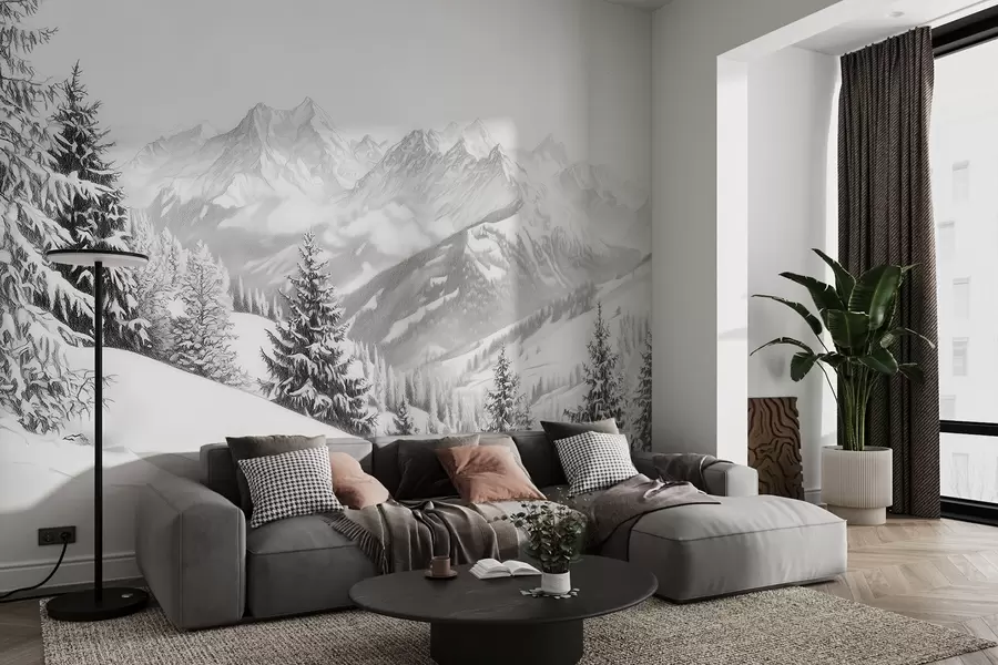 murales Invierno en las montañas, bosque, Alpes, dibujo a lápiz, paisajes de naturaleza w02353