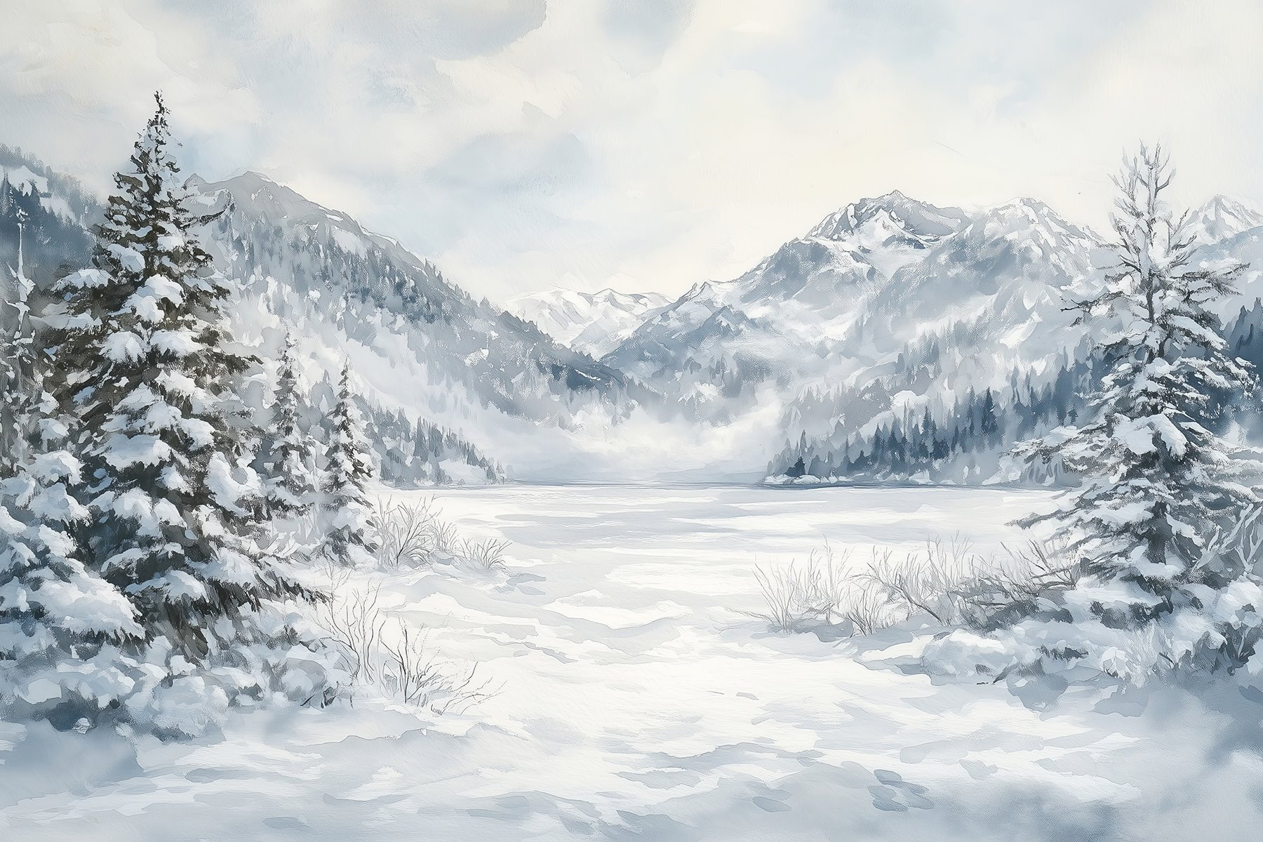 Wall Murals Nature Snowy mountains, acrylic style, winter forest
