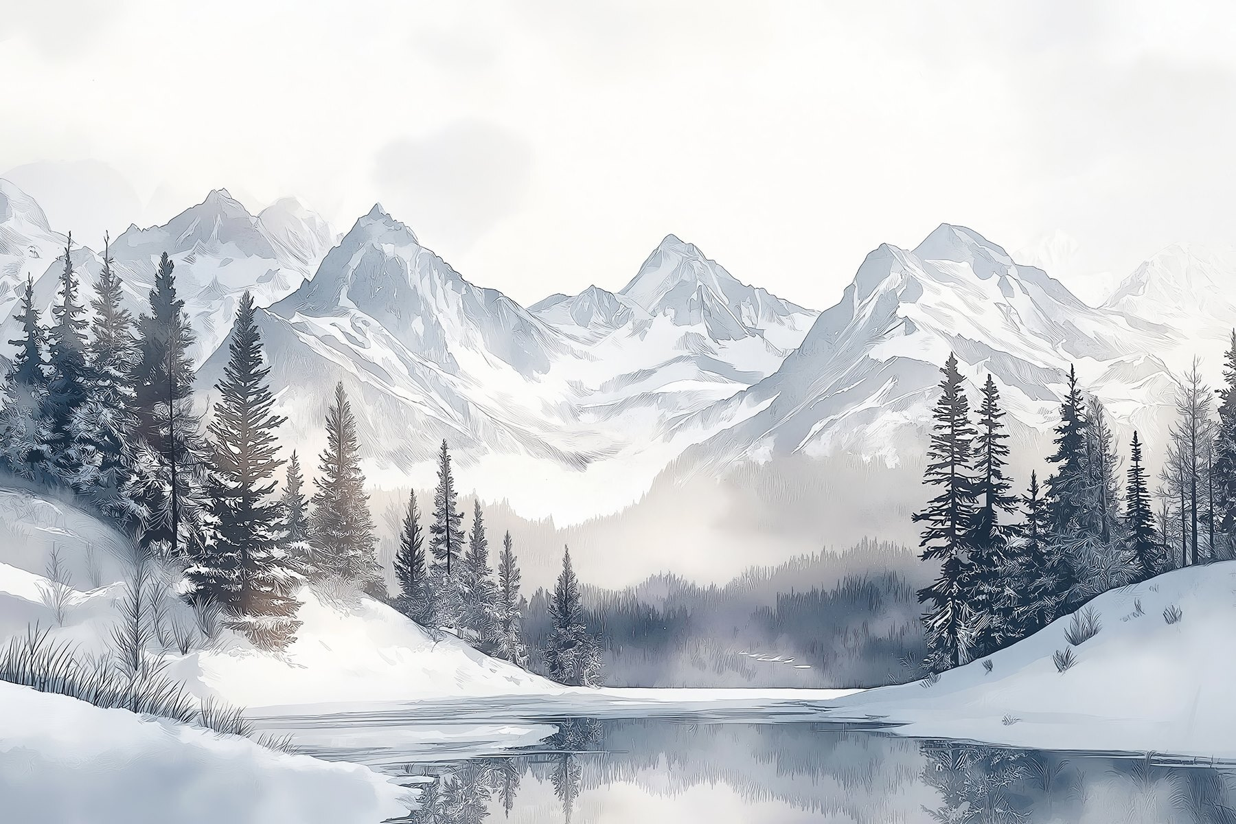 Wall Murals Nature Mountains with lake, winter, forest