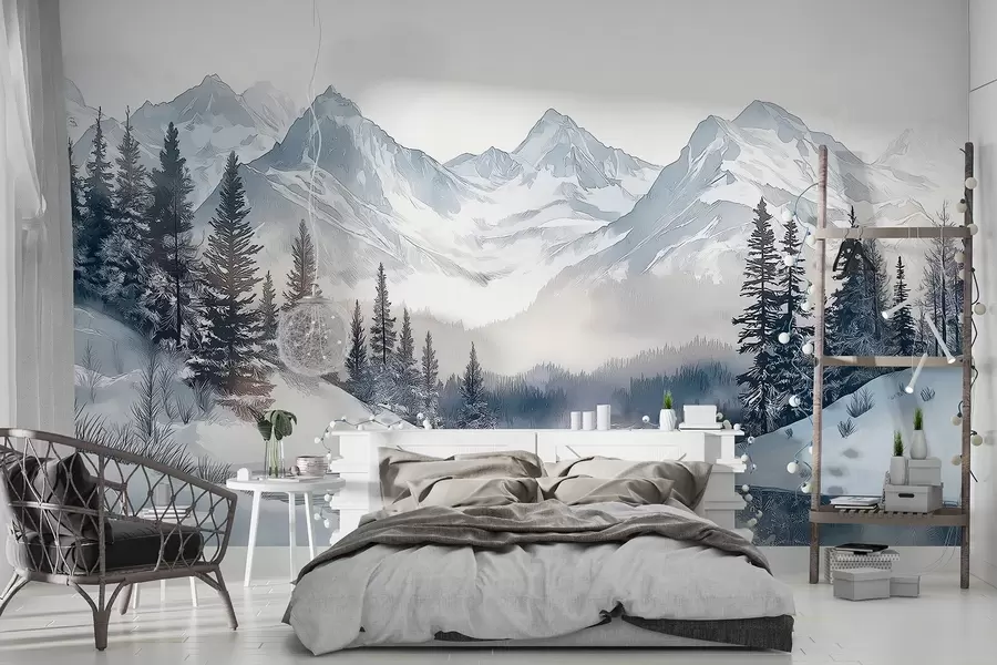 Wall Mural Photo Wallpaper Mountains with lake, winter, forest, sunset sky, nature w02357