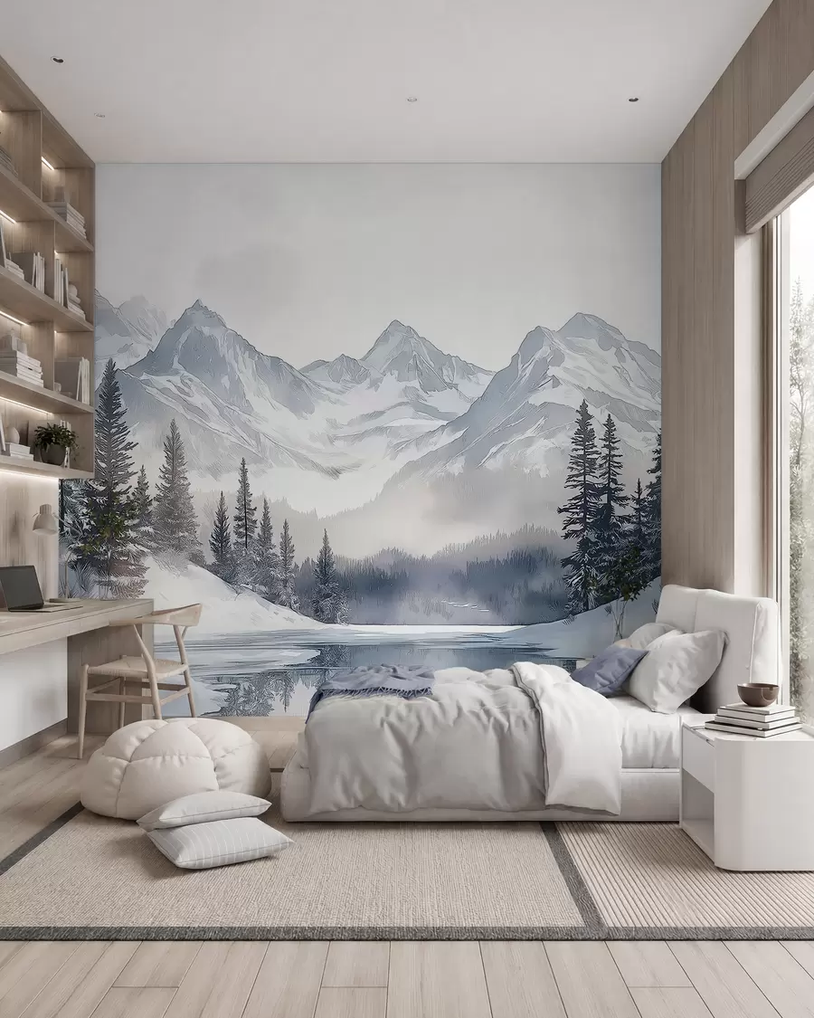 peintures murales Montagnes avec lac, hiver, forêt, ciel couchant, nature w02357