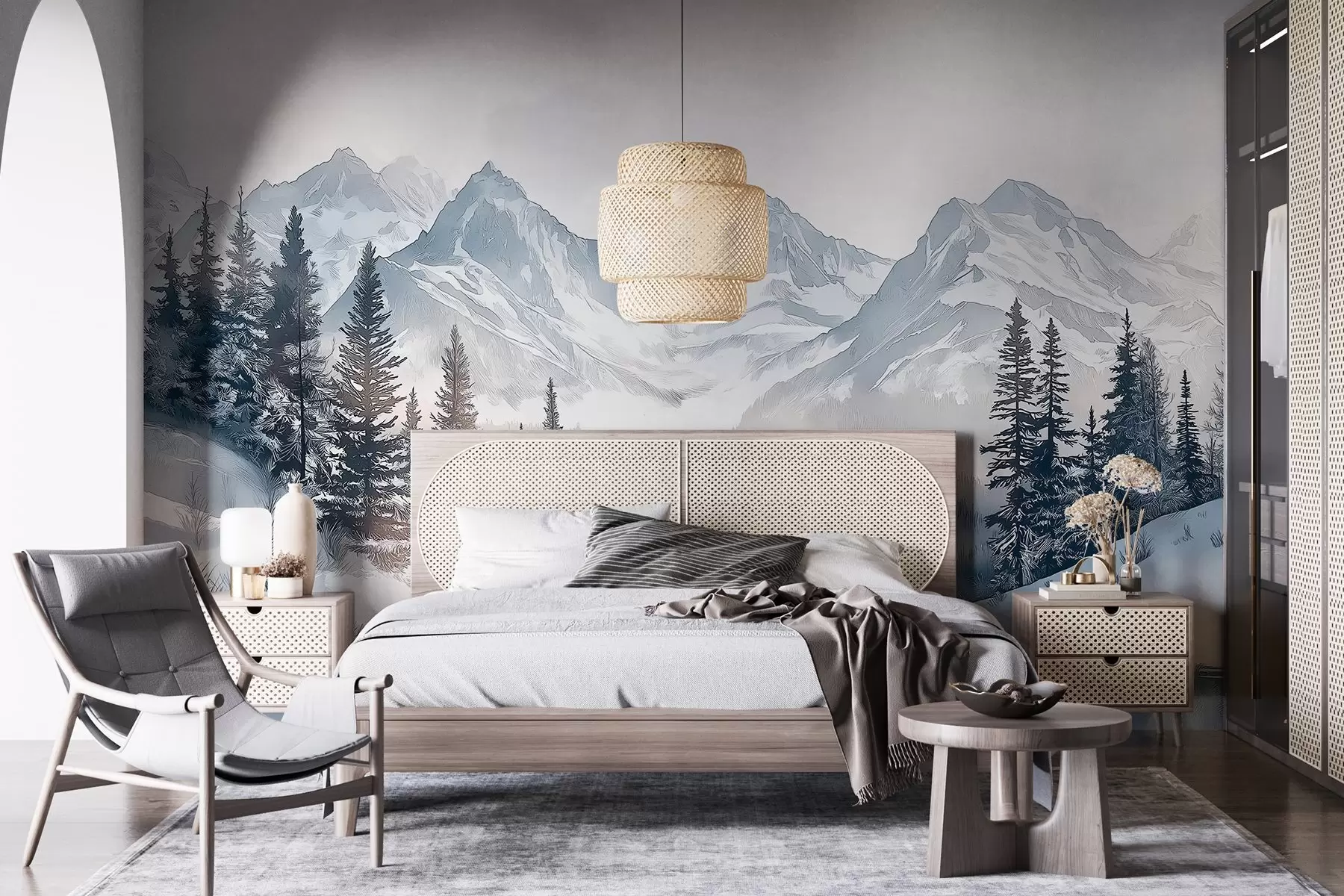 wall murals Mountains with lake, winter, forest, sunset sky, nature w02357