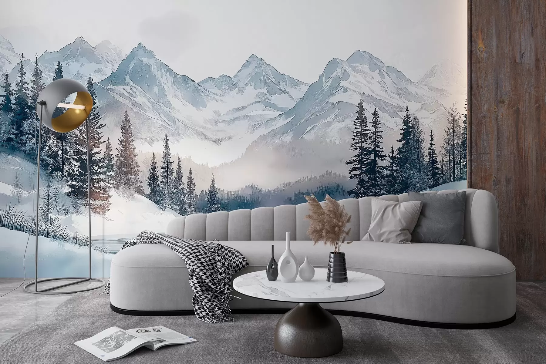 peintures murales Montagnes avec lac, hiver, forêt, ciel couchant, nature w02357