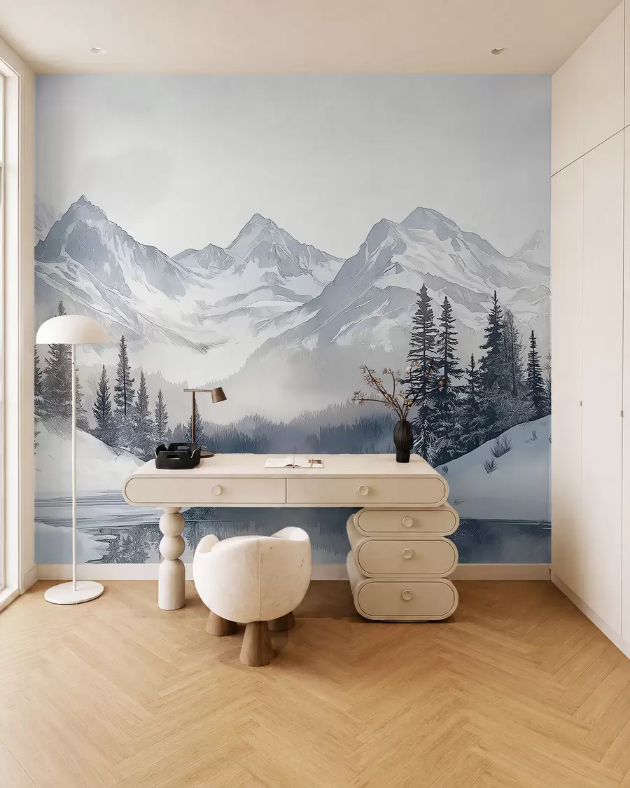 wall murals Mountains with lake, winter, forest, sunset sky, nature w02357