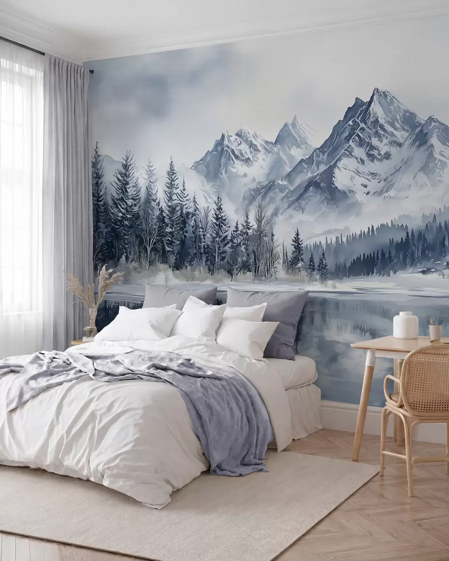 peintures murales Les Alpes enneigées, forêt d'hiver, lac gelé, palette de couleurs bleues w02358
