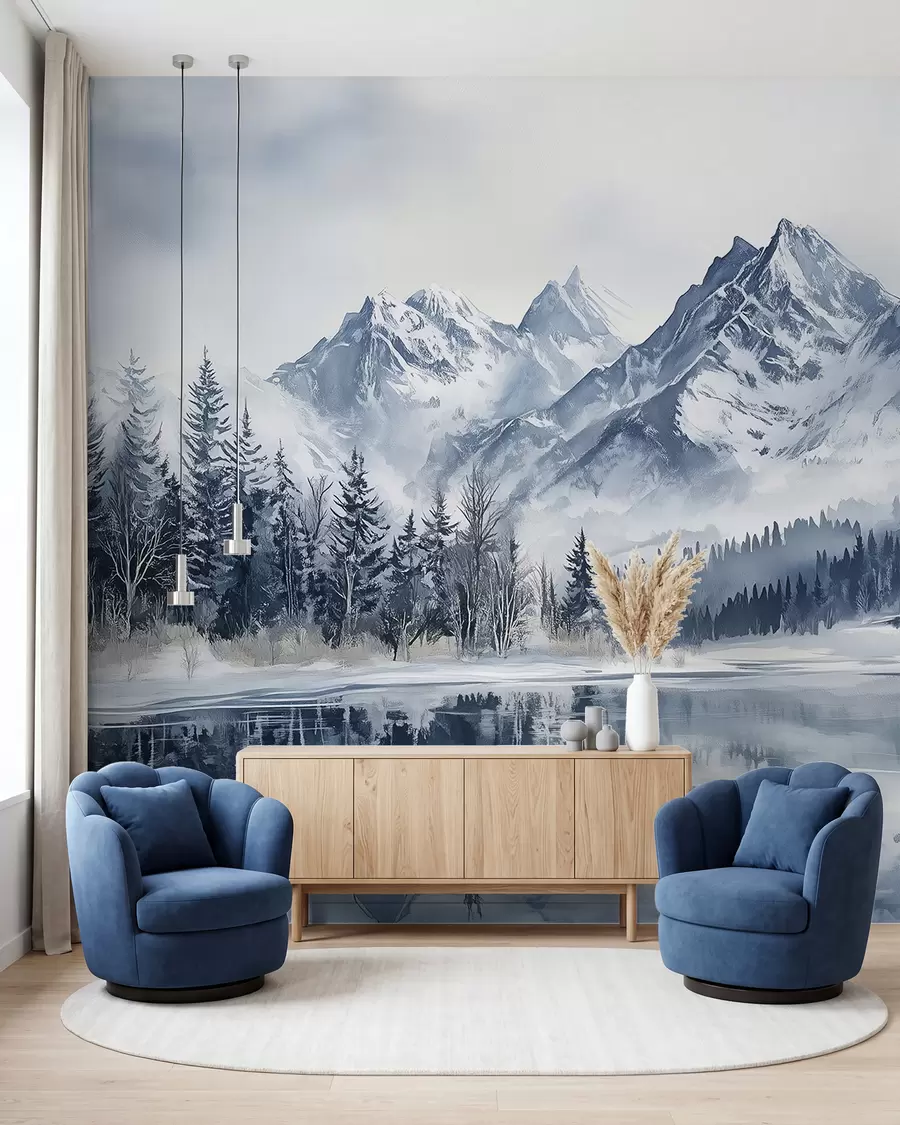 peintures murales Les Alpes enneigées, forêt d'hiver, lac gelé, palette de couleurs bleues w02358