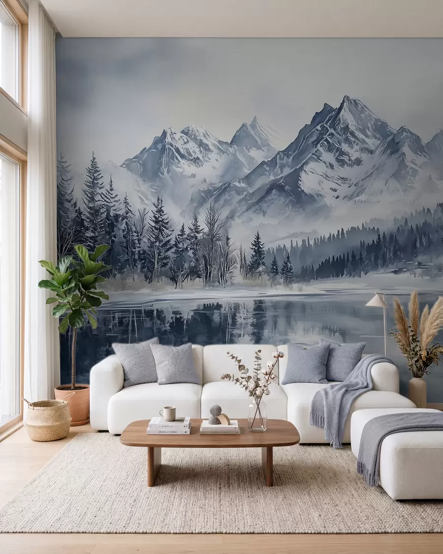 peintures murales Les Alpes enneigées, forêt d'hiver, lac gelé, palette de couleurs bleues w02358