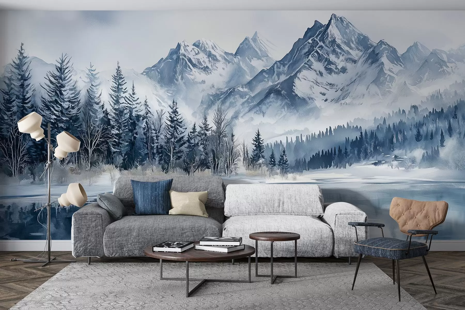 murales Los Alpes nevados, bosque invernal, lago helado, paleta de colores azules w02358