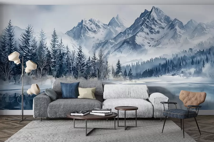 Wall Mural Photo Wallpaper The Alps in snow, winter forest, frozen lake, blue color palette  w02358