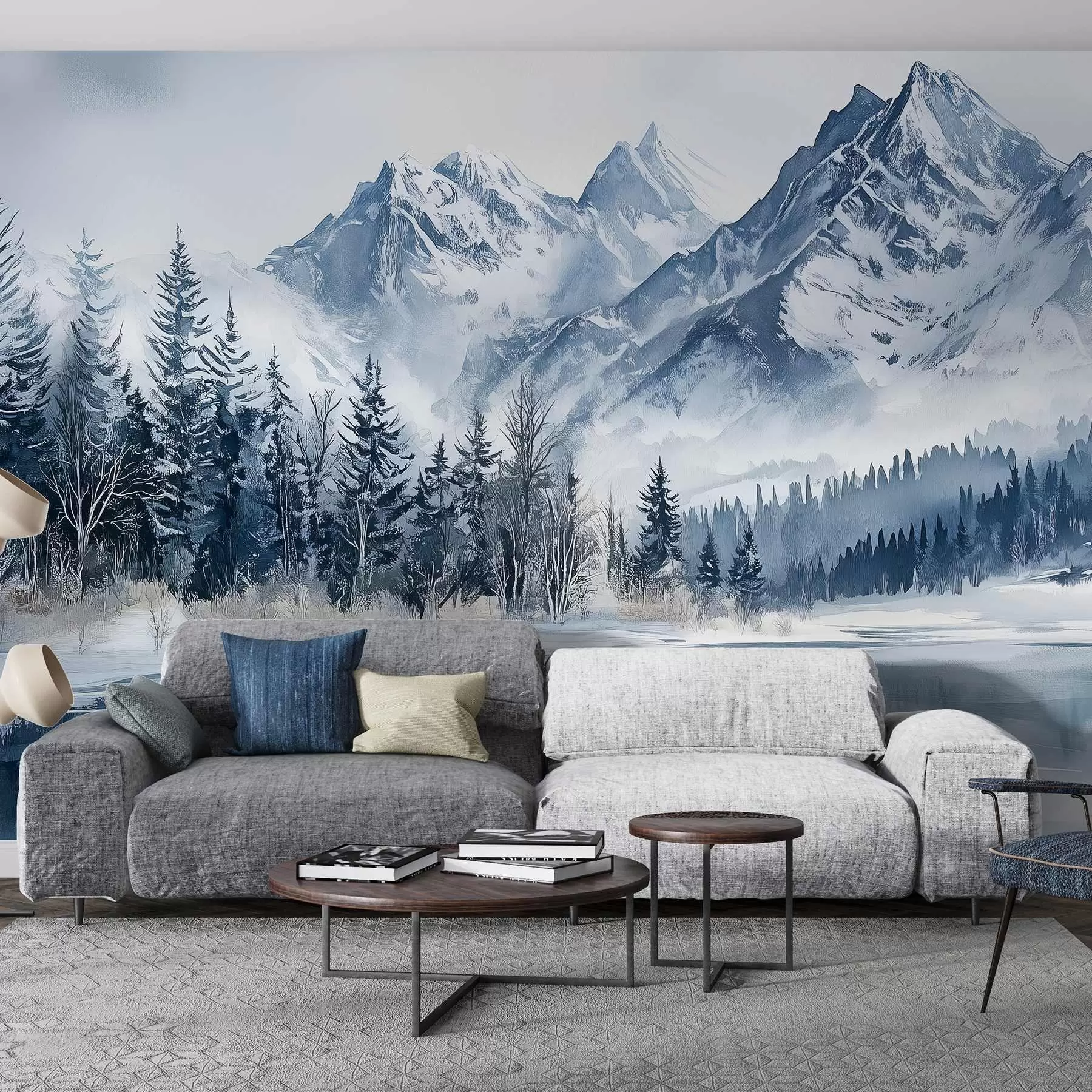 Wall Mural Photo Wallpaper The Alps in snow, winter forest, frozen lake, blue color palette  w02358