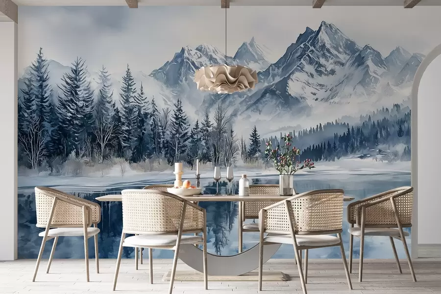 Wall Mural Photo Wallpaper The Alps in snow, winter forest, frozen lake, blue color palette  w02358