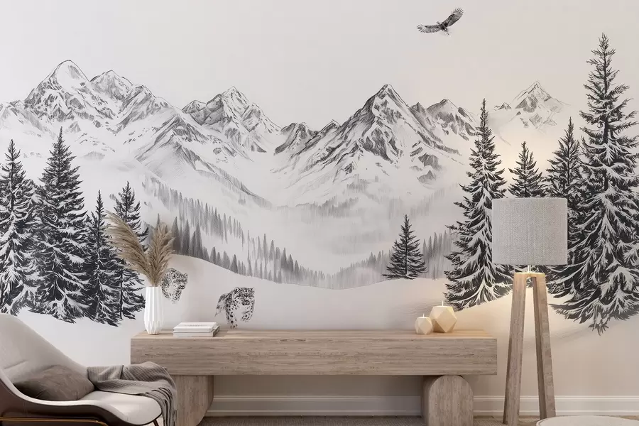 Wall Mural Photo Wallpaper Winter mountains, snow leopards, pine forest, pencil drawing, flying eagle w02360