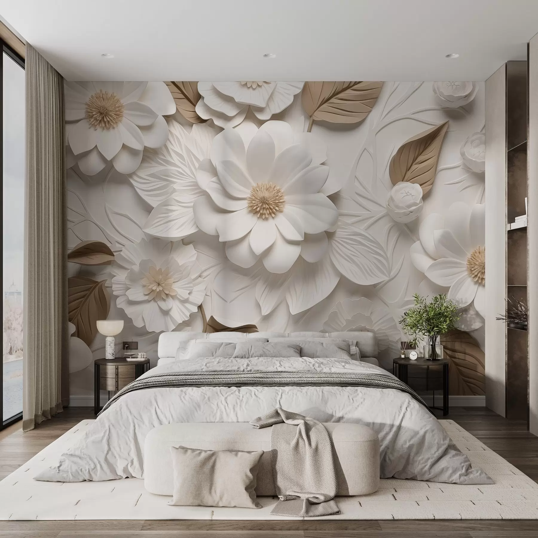 Wall Mural Photo Wallpaper Volumetric flowers made of gypsum in two colors w02006