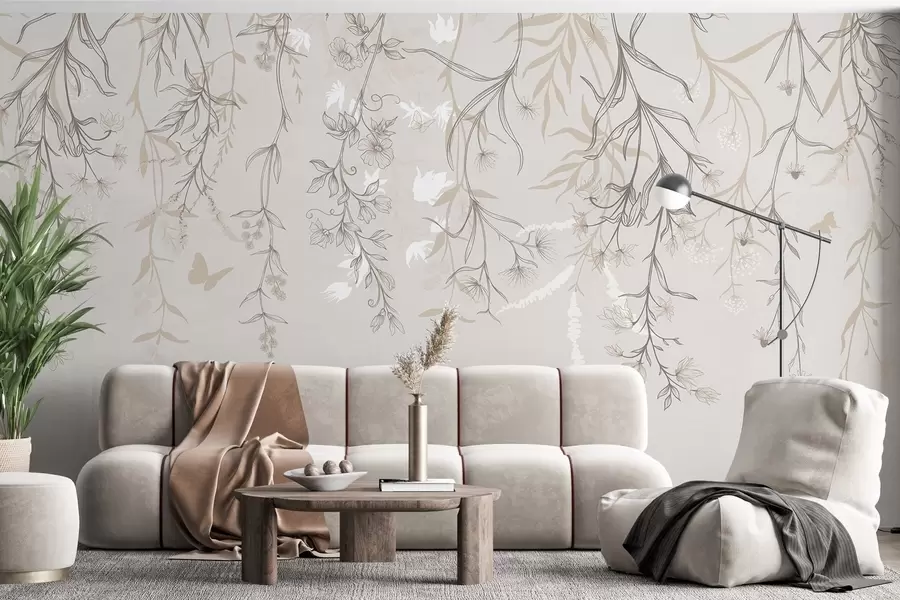 murales Delgadas flores lineales que cuelgan de la montaña w02007