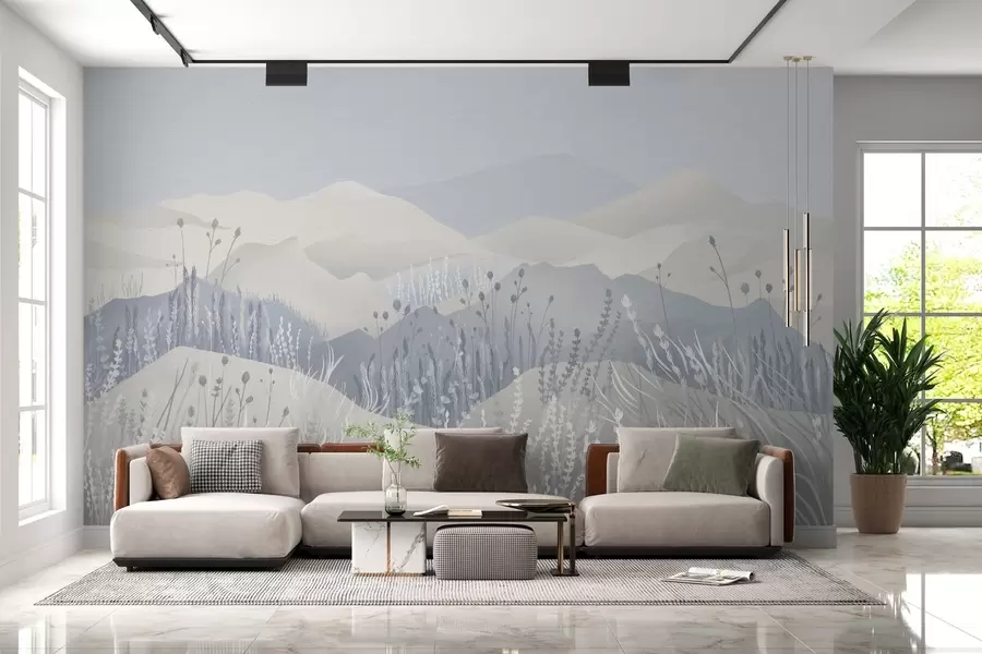 Wall Mural Photo Wallpaper Misty mountains and field grasses and flowers in blue tones w02317v1