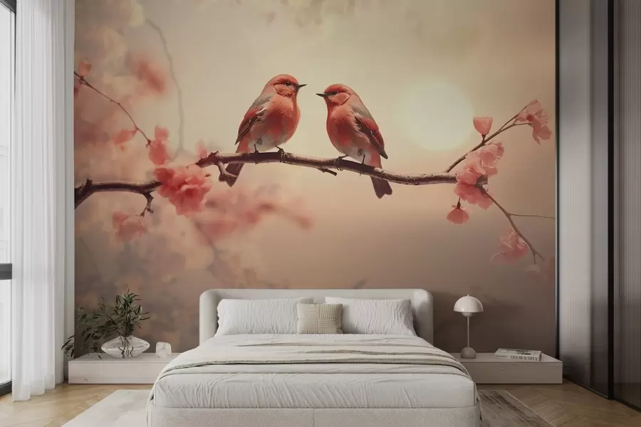 murales Una escena serena y romántica con dos pajaritos sentados en una delicada rama decorada con flores de color rosa pálido w02343