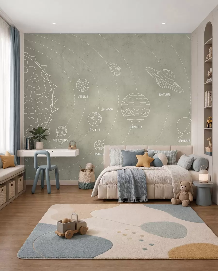 wall murals Solar system in a minimalist style on a cool beige textured background w02344