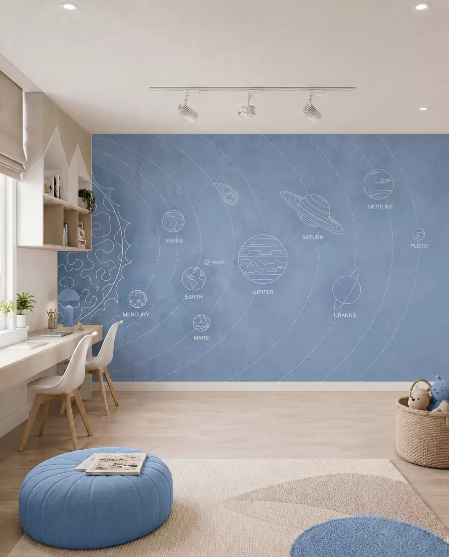 wall murals Solar system in a minimalist style on a blue textured background w02344v1