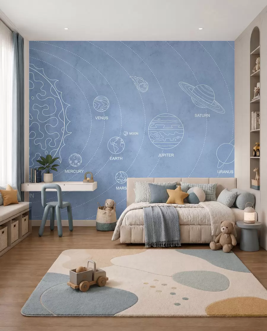 peintures murales Système solaire dans un style minimaliste sur un fond bleu texturé w02344v1