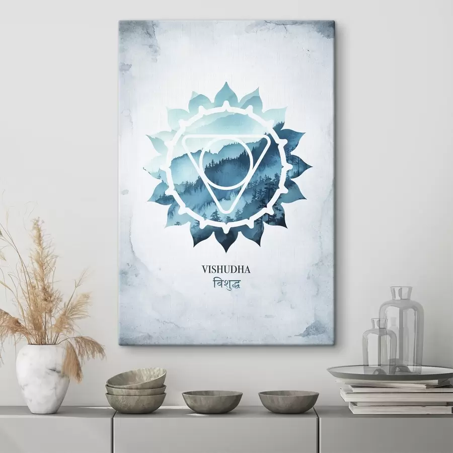 murales Vishuddha chakra, chakra azul, esotérico, meditación, budismo, montañas estilo acuarela s41884