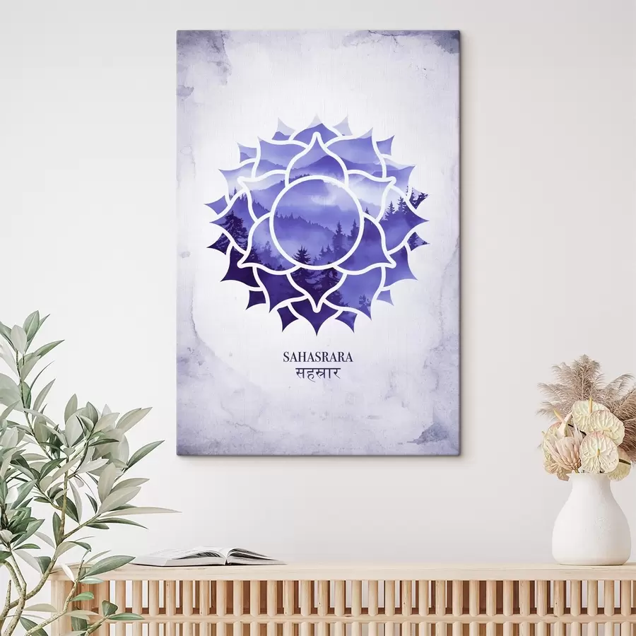 wall murals Sahasrara chakra, purple chakra, esoteric, meditation, buddhism, watercolor style mountains s41886